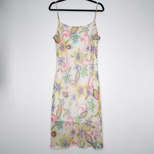 Sike VTG Womens Midi Dress L White Multicolor Chiffon Floral 90s Friends